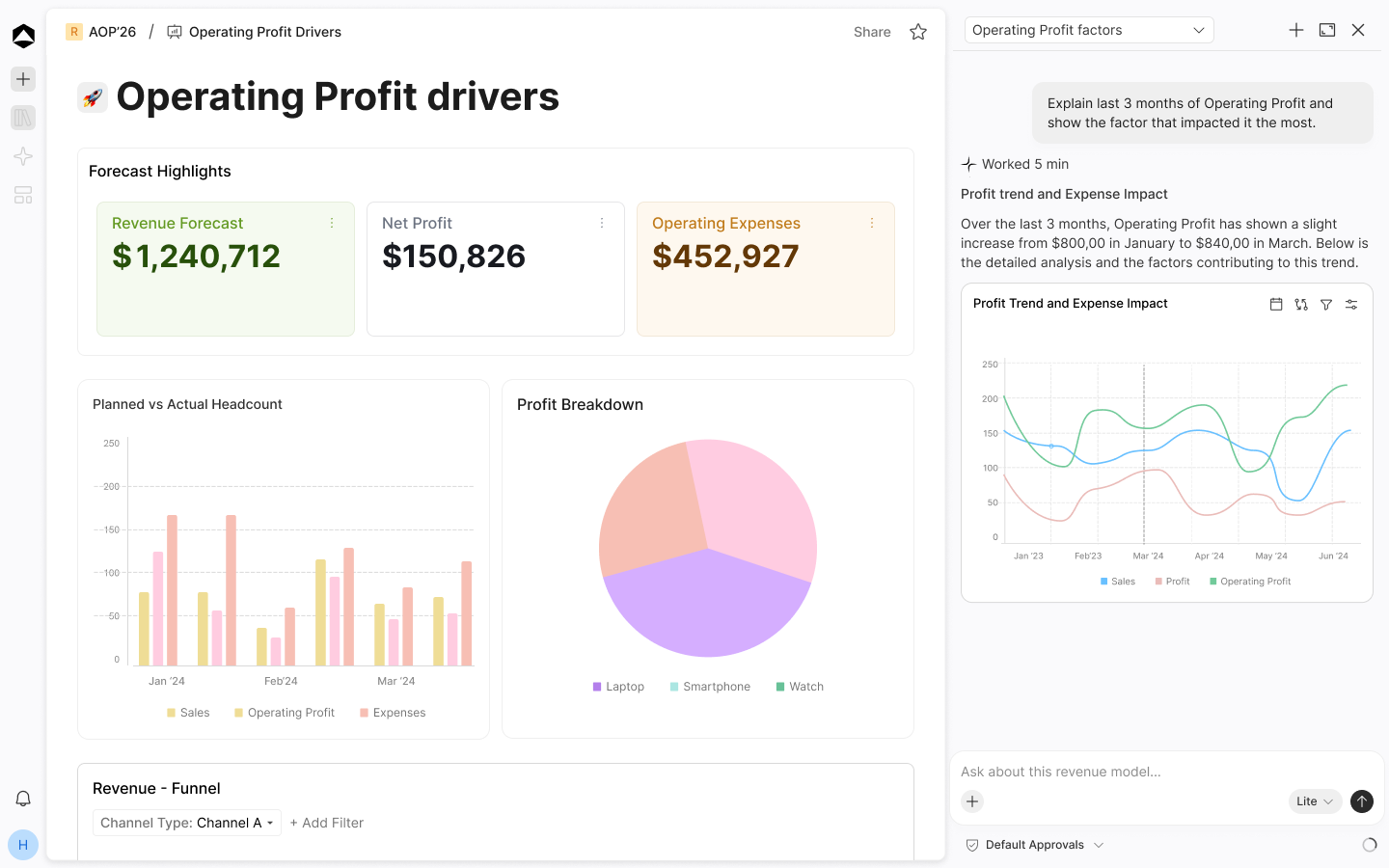 Oculon board pack with KPI highlights, charts and Agent narrative for the quarterly review.