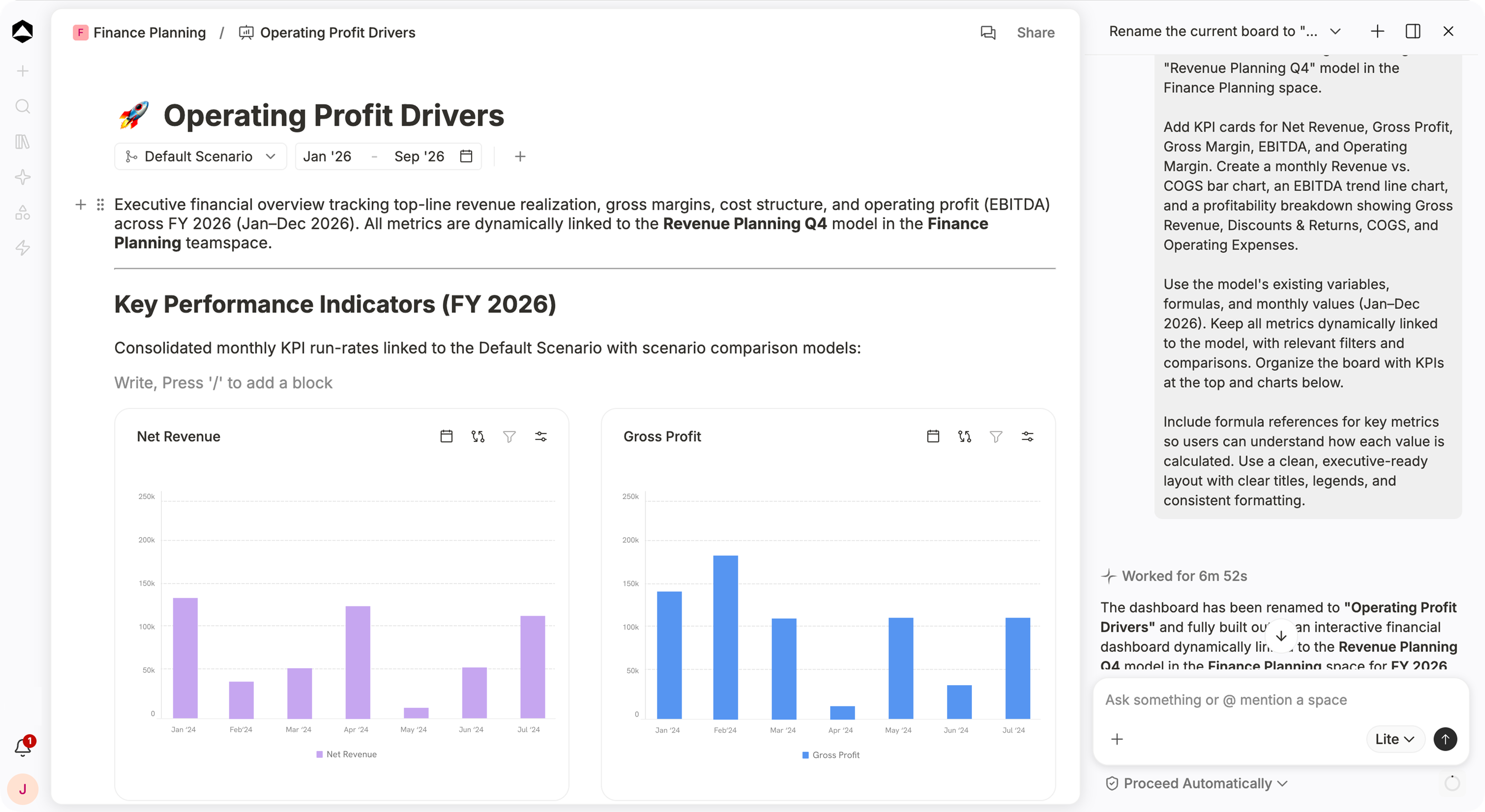 The Operating Profit Drivers board: Net Revenue and Gross Profit charts linked to the Revenue Planning Q4 model, with the agent beside the board.