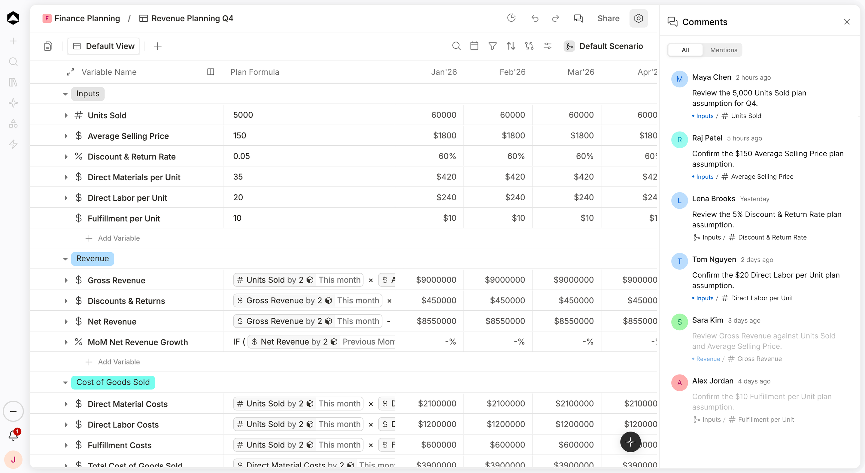 An Oculon revenue planning model with the Comments panel open: threads stay attached to the variables they discuss.