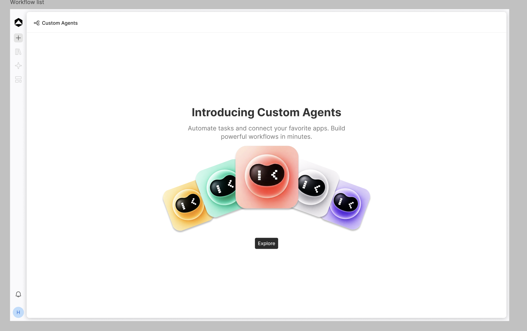 The Oculon Custom Agents workspace, with the supplied colorful agent characters and an entry point to explore workflows.