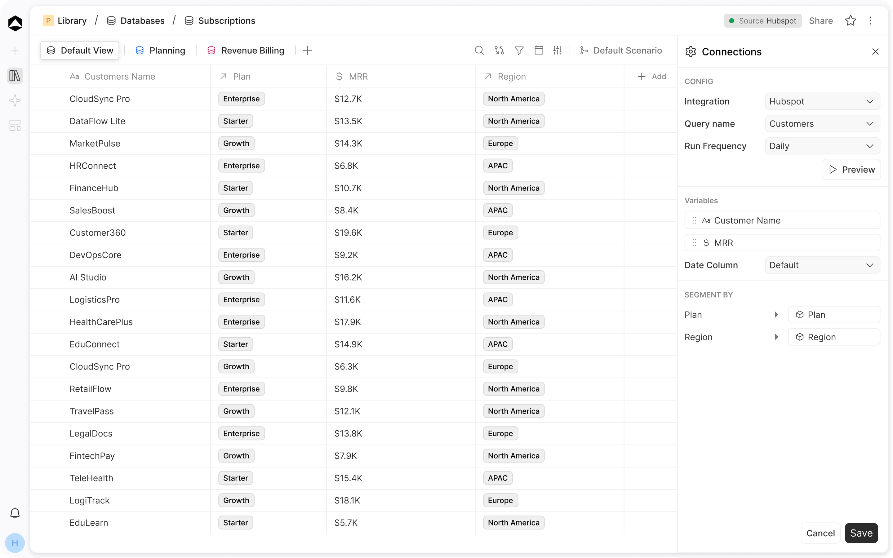 An Oculon subscriptions database synced from HubSpot: customer plans, MRR and region in one table, with connection settings for fields and segments beside it.