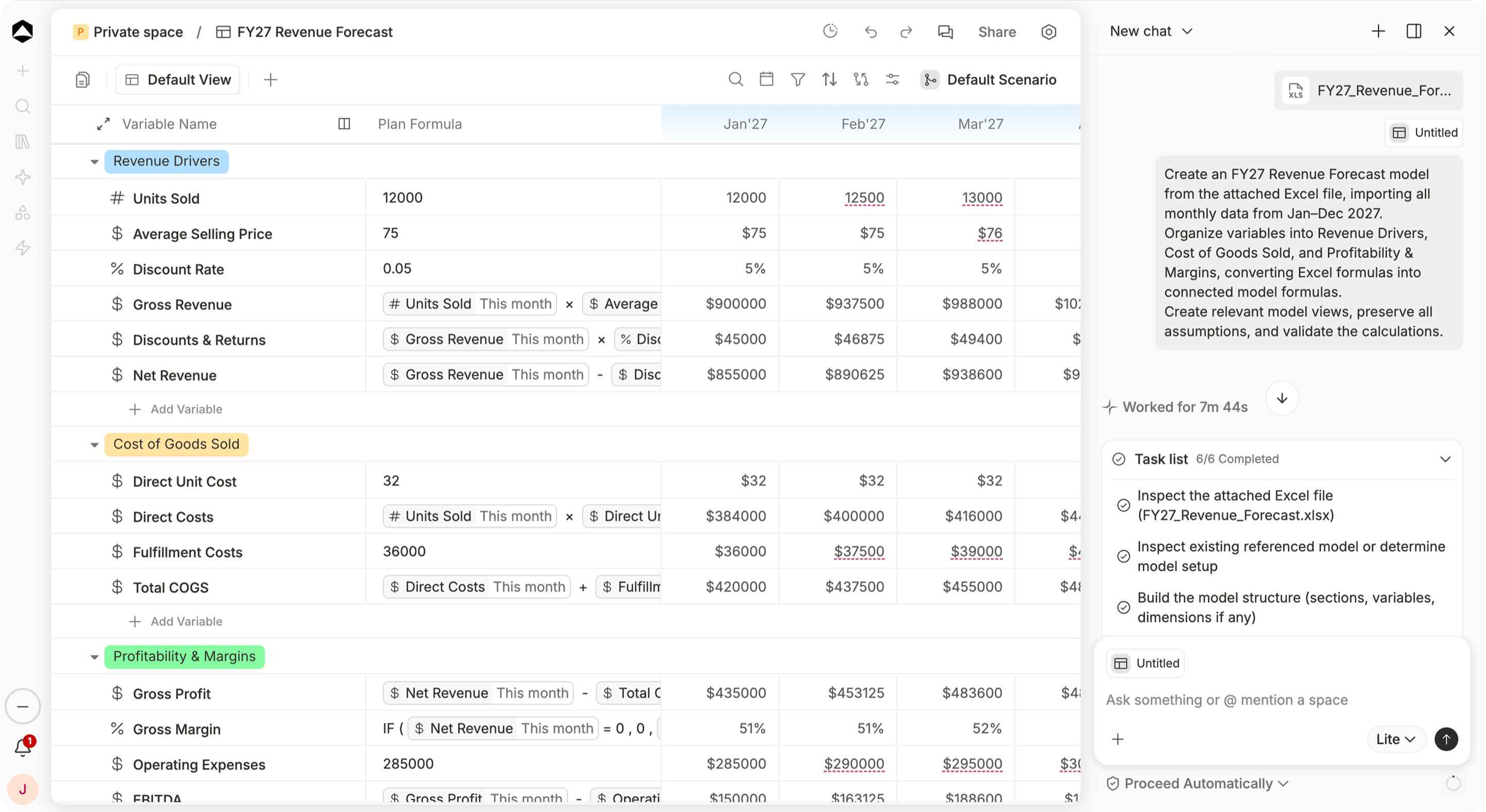 An Oculon FY27 revenue forecast built from an attached Excel file: drivers, costs and margins in the model, with the agent task list beside it.