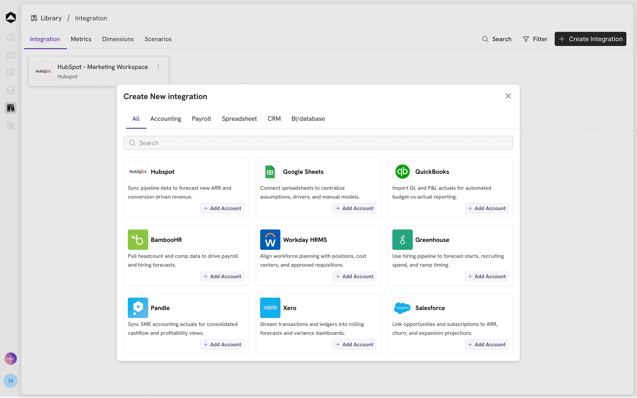 The Oculon integration library with HubSpot, Google Sheets, QuickBooks, BambooHR, Workday, Greenhouse, Pandle, Xero and Salesforce.