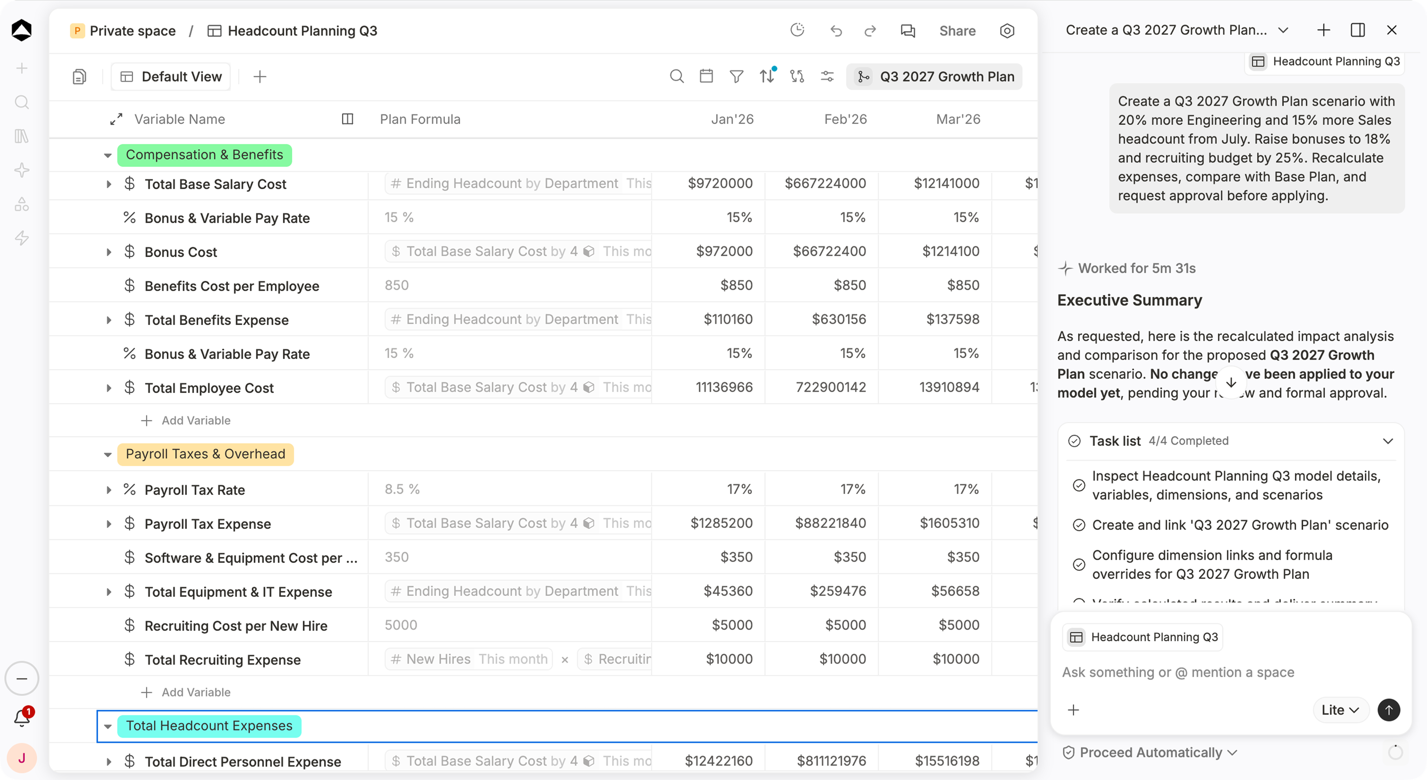 An Oculon headcount planning model with a Q3 2027 growth scenario: expense lines across months and the agent task list beside the plan.