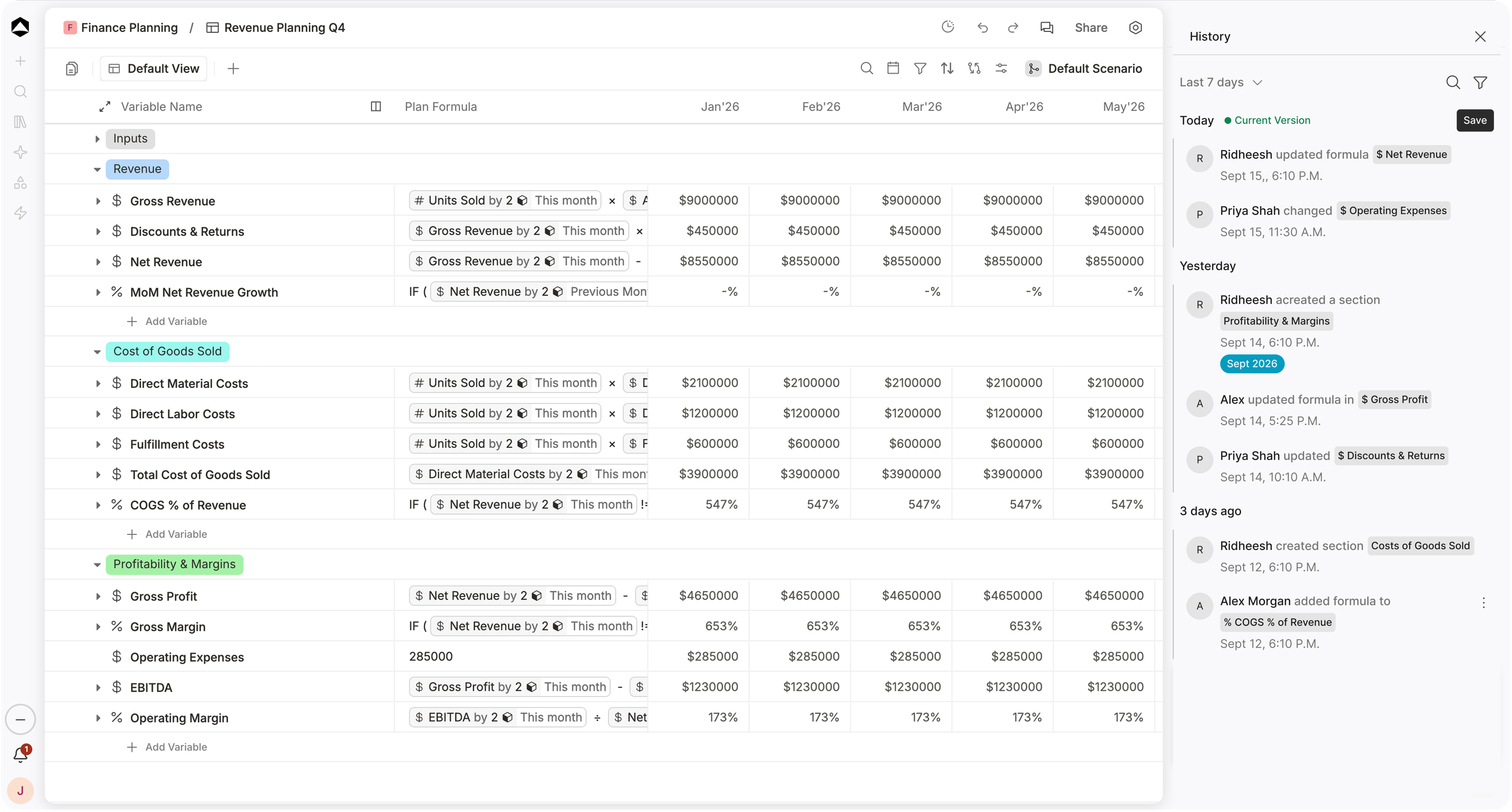 An Oculon revenue planning model with History open: formula and value changes across months, with recent edits listed by person and time.
