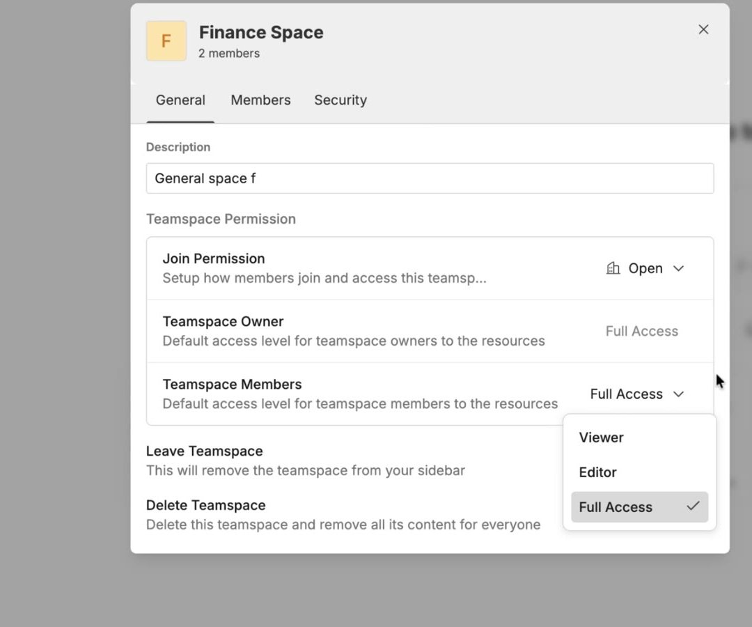 Oculon teamspace settings with member access and permission controls.